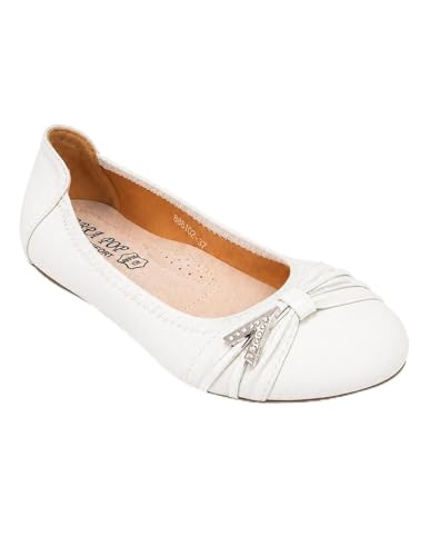 Primtex Ballerines Femme Semelle Cuir Noir, Blanc, Marine, Souples Boucle argentée Strass Semelle