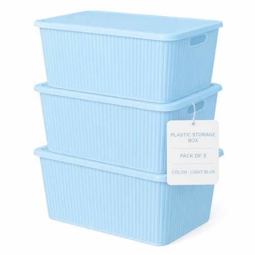 Image of Plastic Storage Box with Lid - Large Stackable Organizer Storage Box for Clothes, Toys, Kitchen - Big Size Plastic Storage Container Basket for Home, Office, Bathroom(Large,Pack of 3,Blue)