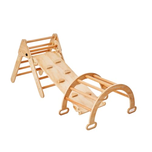 Happybuy 5-in-1 Toddler Climbing Set, Montessori Pikler Triangle, Ramp & Arch, Medium Wooden Playground for 1-3 Years, Indoor Climbing Gym, Wood Color