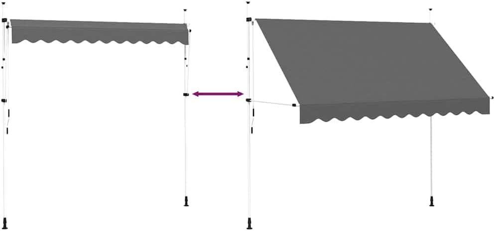 Diagram showing the awning in both retracted and extended positions, with an arrow indicating horizontal adjustment.