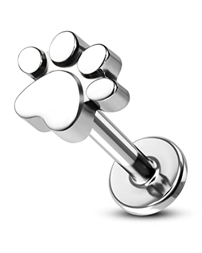 COCHARM G23 Titanium Helix Earrings Stud 16g Flat Back Tragus Piercing 6mm Paw Print Tragus Earrings 16 Gauge Internally Threaded Tragus Stud Hypoallergenic Helix Jewelry