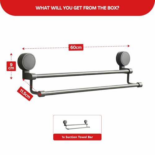 Image of MIORAH Suction Towel Holder for Bathroom - Rust - Free Powder Coated Wall Mounted Towel Rack No Drill Towel Rack Modern Bathroom Accessories Organizer Grey