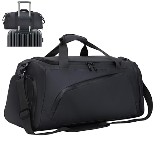Senprity 40L Gym Bag with Shoe Compartment, Travel Duffle Bag for Men and Women Waterproof Overnight Bag with Wet Pockets Sports Carryall Carry On Bag Holdall for Travel Swimming Black
