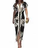 CHICME Summer Dresses for Women Floral Print Plunge V Neck Midi Dress Casual Ruched Slit Bodycon Party Dress Black-M