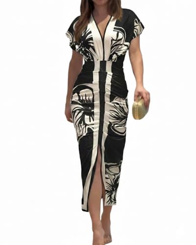 CHICME Summer Dresses for Women Floral Print Plunge V Neck Midi Dress Casual Ruched Slit Bodycon Party Dress Black-M