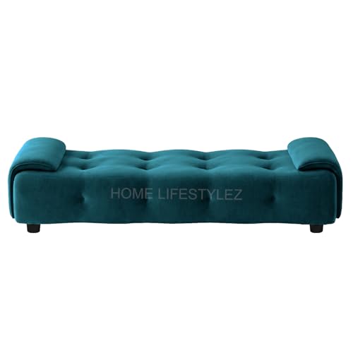 Image of Home Lifestlez Monel 2 Seater Tufted Ottoman Bench | Velvet Upholstered | Seating Bench Window Bench Footrest Stool End of Bed Bench Living Room Furniture | Comfortable & Stylish - T Blue