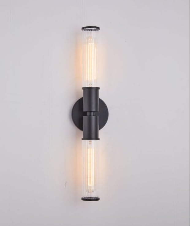 Image of w000401 New 2-Light Dimmable Black Sconces Wall Lighting 19.3 inches Bathroom Sconces Over Mirror with Tube Glass Vanity Lighting Wall Lamp Wall Lights for Living Room, Hallway