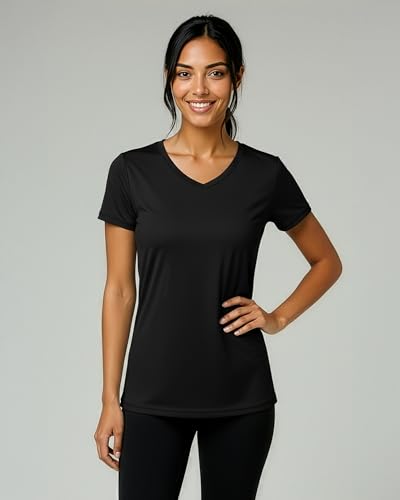 Image of Real Essentials 5 Pack: Women's Dry-Fit Short Sleeve V Neck T Shirt Workout Fitness Yoga Top Tee (Available in Plus Size)