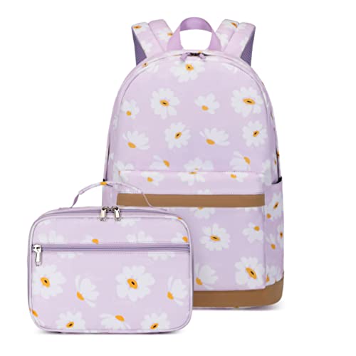 EKUIZAI 3 peças de mochila para meninas, conjunto de mochilas escolares para estudantes do ensino fundamental com lancheira, Margarida roxa, 2-Piece Set, Mochilas Daypack