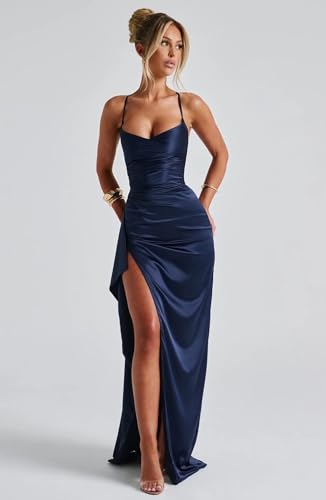 Ruched Satin Bridesmaid Dresses for Women Long Mermaid Bodycon Prom Dresses with Slit4