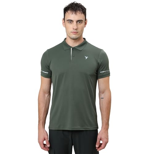 Image of TECHNOSPORT Men's Solid Slim Fit Polo Collar T-Shirt TECHNOCOOL+ Half Sleeve Button Polyester for Gym Running Workout UPF50+ Anti Odour
