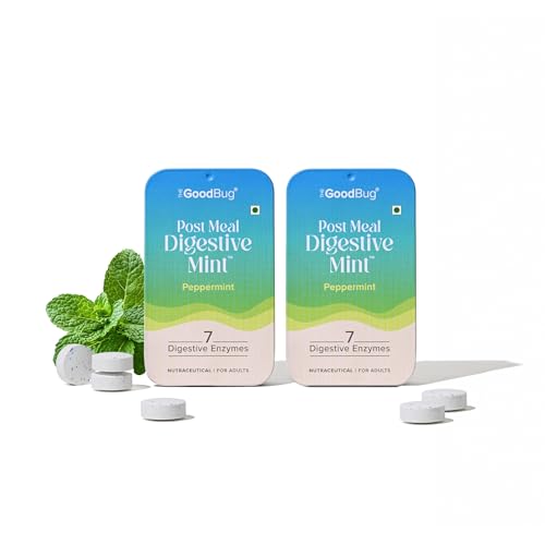 Image of The Good Bug Post Meal Digestive Mints - Peppermint | Post Meal Digestion Booster | 7 Digestive Enzymes | Helps Reduce Post-Meal Heaviness, Bloating, Acidity & Discomfort | No Added Sugar | 28 Mints (14 x 2 Packs) (Pack Of 2, Peppermint)