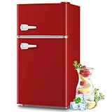 TACOOL 3.5 Cu.ft Refrigerator with Freezer Double Door Red Fridge Adjustable Glass Shelves, Plastic Crisper,7 Level Temperature Control Fridge for Dorm, Office, Apartment