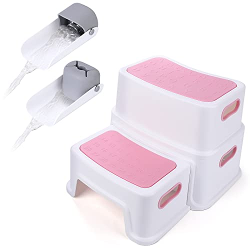 Image of Two Step Stool for Kids with 2 PCS Faucet Extender, Babevy Toddler Step Stool for Potty Training, with Numbers/ABC and Handles, Anti-Slip Double Up Child Stool for Bathroom, Kitchen, Toilet (Pink)
