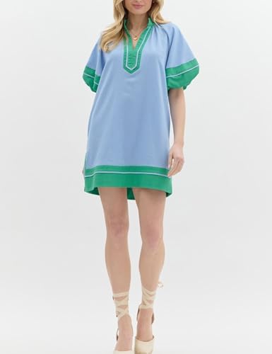 Image of Esmeling Women's Color Block Pullover Dress V-Neck Puff Sleeve Dress Mini Shirt Dress with Pockets
