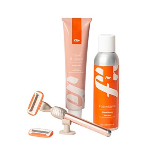Fler Smooth Skin Set - Maquinilla de Afeitar para Mujer con Soporte y 2 Cuchillas de Repuesto, Espuma de Depilación y Crema Corporal Hidratante, Cuchillas Unisex con Aloe Vera y Vitamina E (Rosa)