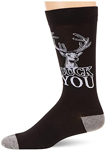Image of K. Bell Men's Play on Words Novelty Crew Socks, Buck You (Black), Shoe Size: 6-12