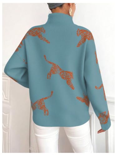 Image of WDIRARA Women's Leopard Tiger Print Sweater High Neck Long Sleeve Fuzzy Knitted Pullover Top