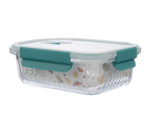 Image of STEGL 640ml Rectangle Glass Food Container - Airtight Storage Container with Vented Cool Lock PP Lid | Meal Prep Box with Smart Slip-Vent | Microwave & Fridge Safe | Striped Embossed Design