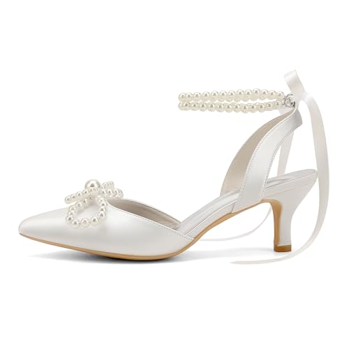 Women's Pearl Kitten Heels with Bow Satin Wedding Shoes for Bride Low Heels Bridal Shoes Pointed Toe Slingback Heels Pumps3