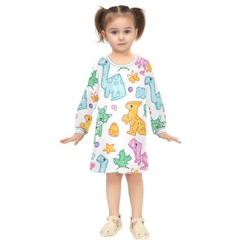 Crayon Dinosaur Girls Dresses Long Sleeve Sweatshirt Dress for Girls Winter Toddler Casual A Line Dresses Size 2-8T4