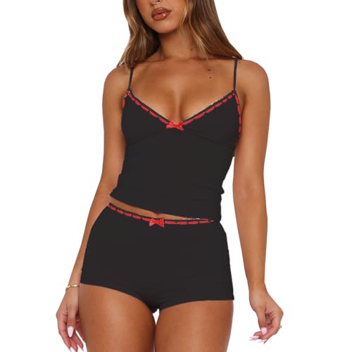 Image of Yuemengxuan Women Two Piece Outfits Y2k Boy Shorts Set Sleeveless Crop Top Button Down Shorts Set Loungewear Pajamas Set