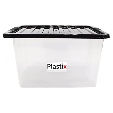 Set of 3 Clear Plastic Storage Box Boxes With Black Lids Home Office Stackable UK Made - 35L 35 LITRE Cover