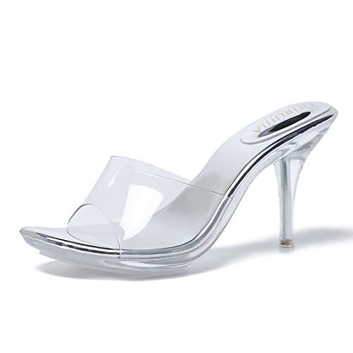 Image of LIURUIJIA Clear Heels For Women Sexy Slip On Open Toe High Heeled Dressy Sandals Comfortable Strappy Mules