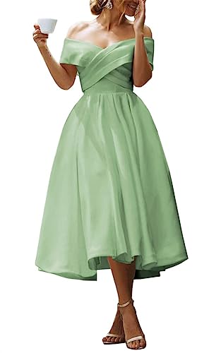 Robes de bal pour femmes, robe de soirée en satin avec épaules dénudées, robe de mariée pour invitée avec poches, vert sauge, 44
