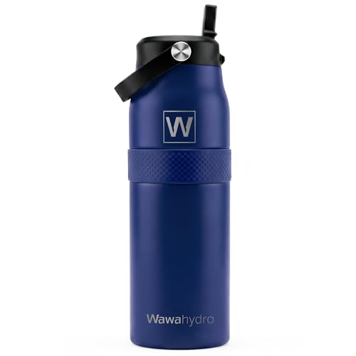Image of 32 oz Insulated Water Bottle with Straw, Leakproof Stainless Steel Bottle with Handle, Non-Slip Silicone Sleeve, Internal Markings, Dishwasher Safe for Travel, Gym, Sports, Dark Blue