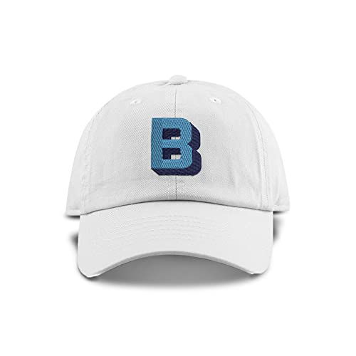 Monogram Initial Modern Shadow Letter Baseball Cap - Toddler, Youth Kids, and Adult Adjustable White Hat with Blue Letter
