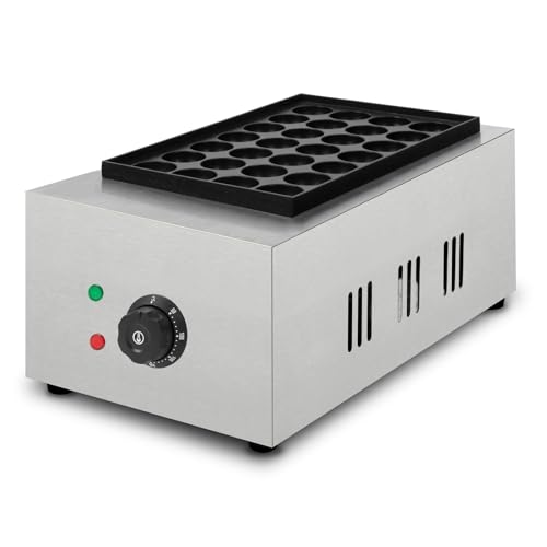 VERTES Takoyaki Maker eléctrica 2000W, carcasa de acero inoxidable, temperatura regulable hasta 300 °C, placa de parrilla de hierro fundido con revestimiento antiadherente, 28 hendiduras redondas