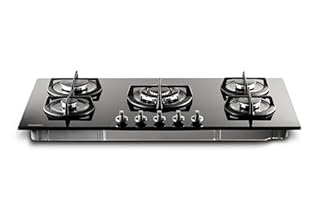 PremierTech Piano Cottura a Gas, 5 Fuochi, 90 cm, Vetro Nero, Supporti in Ghisa Professional, predisposto a Metano e Kit Ugelli GPL inclusi, Design Elegante - PC5G90V