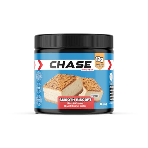 Image of Chase High Protein Peanut Butter Creamy 400g | With Isolate Whey & 120g Protein in Jar | 12g Per Serve | Smooth Biscoft Flavour with Chunks | Healthy Nut Butter Spread for Breakfast, Fitness, Gym