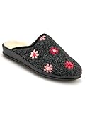  Pediconfort - Mules fourrées Laine - Femme - Taille : 40 - Couleur : Gris foncé/Fleurs brodées