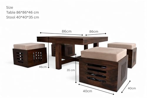 Image of Solid Sheesham Wood Center Coffee Table Set - Includes 4 Stools and Glass top Table Wooden Niwar Design ; Furniture for Living Room, Hall and Office. (Dark Walnut)