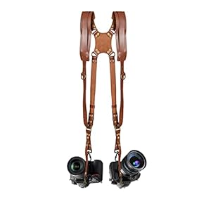 Jumyee Double Camera Harness, Adjustable Leather Camera Straps for Photographers, Dual Camera Strap for DSLR/SLR Strap (Brown Leather)