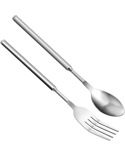 KGDUYC Set di 2 cucchiai telescopici e forchette retrattili- cucchiaio estensibile, 20~63 cm, in acciaio inox, allungabili, extra lunghi, per Frutta BBQ(argento)
