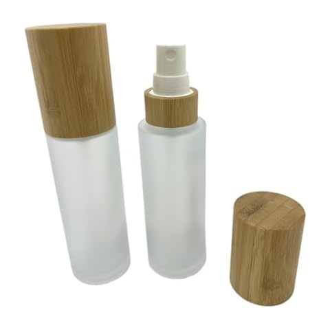 BEECO GIF2U Empty Cosmetic Bottles 2oz/60ml 2 PACK with Bamboo Cap,Frosted Glass Spray Bottle with Fine Mist Dispenser for Liquid Perfume Toiletries Containers,Toner Bottles(Frost Clear) Cover