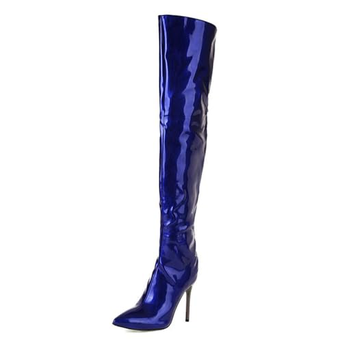 Gueploer Botas por Encima De La Rodilla para Mujeres, Tacones De Aguja Puntiagudos Botas De Cuero De Charol para Fiesta, Baile De Graduación, Diario,Azul,40 EU