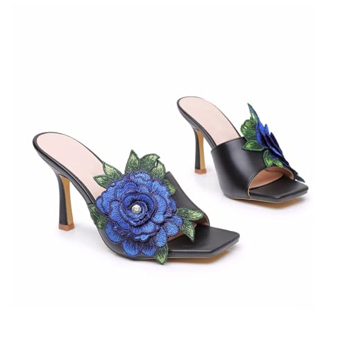 Women Square Toe Stiletto Flower Heels Elegant Floral Embroidered Slip On High Heels Mules Sandals Wedding Party Dress Shoes4