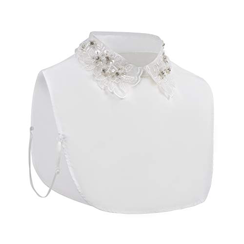 Shinywear Ruffles Turtle Neck False Shirt Collar Lace Crystal Pearls Decorative Dicky Choker Detachable Doll Lapel Blouse (Pearl Leaves Double-Layer Collar White)