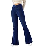 LaiEr Women Bootcut Jeans V Crossover High Waist Pull on Tummy Control Casual Fitness Skinny Yoga Pants,Denim Highly Elasticity Soft Fabric,Flared Fitness Trousers with Side Pockets(Dark BlueXL)