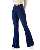 LaiEr Damen Bootcut Jeans V Crossover hohe Taille Pull on Bauch Kontrolle Skinny Yoga Hosen, Denim Hochelastischen weichen Stoff, Ausgestellt Fitness Hose mit Seitentaschen(Dark BlueXXL)