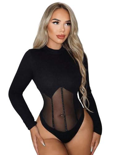 GORGLITTER Damen Body Mesh Bodysuit Schmal Oberteil Frühling Bodys Party Bodies Netzstoff Bodys