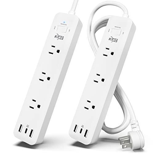 KMC USB-C PD Surge Protector 3-Outlet Power Strip 2-Pack, 30W Power Delivery USB-C Port, 2 USB-A Ports, 980J Surge Protection, 6-Foot Extension Cord, White
