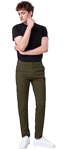 Plaid&Plain Men's Skinny Stretchy Khaki Pants Colored Pants Slim Fit Slacks Tapered Trousers 819 Olive 31X34 #TOP2