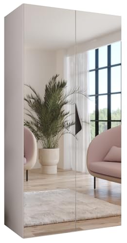 ABIKSMEBLE - Armario para Ropa - 100 x 202 x 52 cm - Armario con Barra y Espejo, 2 Puertas - para Dormitorio, Pasillo - Andrew, Blanco, Tirador Negro
