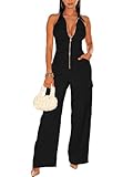 LAGSHIAN Women's Sexy V Neck Halter Backless Rompers Sleeveless Zipper Wide Leg Jumpsuits With Pockets Black