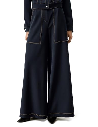 LilySilk Women's Elegant Denim-Inspired Wide Leg Wool Pants Silk Lining Oversized Full Length Trousers for Business
